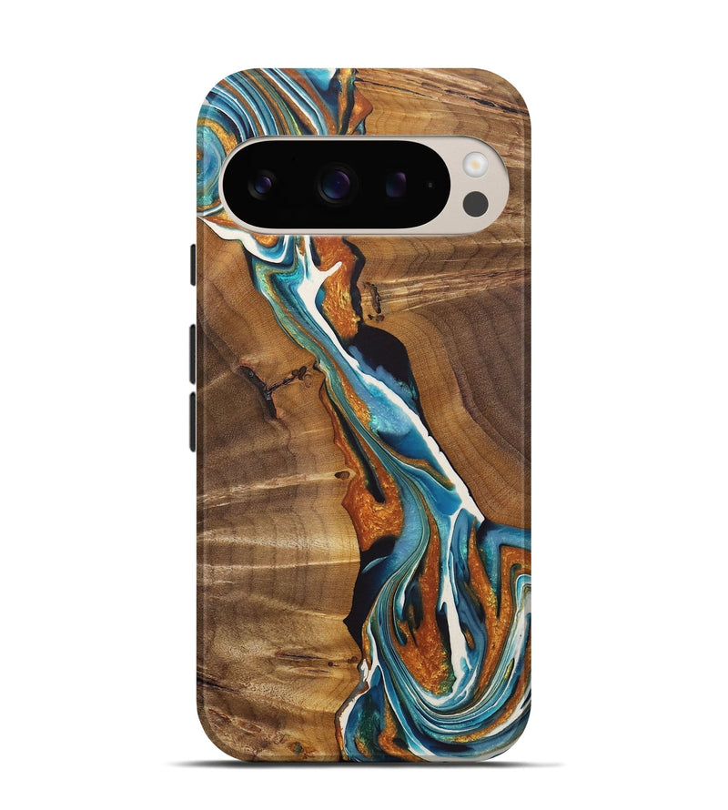 Pixel 9 Pro Wood+Resin Live Edge Phone Case - Jane (Teal & Gold, 722765)