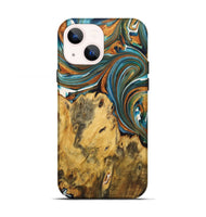 iPhone 13 Wood+Resin Live Edge Phone Case - Sara (Teal & Gold, 722766)