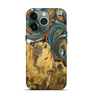 iPhone 13 Pro Wood+Resin Live Edge Phone Case - Sara (Teal & Gold, 722766)