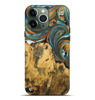 iPhone 13 Pro Max Wood+Resin Live Edge Phone Case - Sara (Teal & Gold, 722766)