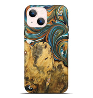 iPhone 14 Plus Wood+Resin Live Edge Phone Case - Sara (Teal & Gold, 722766)