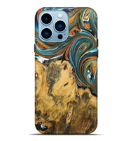 iPhone 14 Pro Max Wood+Resin Live Edge Phone Case - Sara (Teal & Gold, 722766)