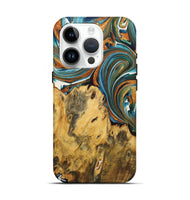 iPhone 15 Pro Wood+Resin Live Edge Phone Case - Sara (Teal & Gold, 722766)