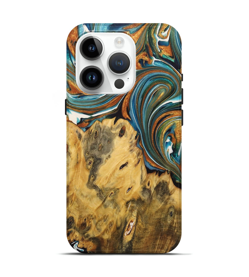 iPhone 15 Pro Wood+Resin Live Edge Phone Case - Sara (Teal & Gold, 722766)