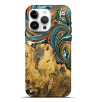 iPhone 15 Pro Max Wood+Resin Live Edge Phone Case - Sara (Teal & Gold, 722766)