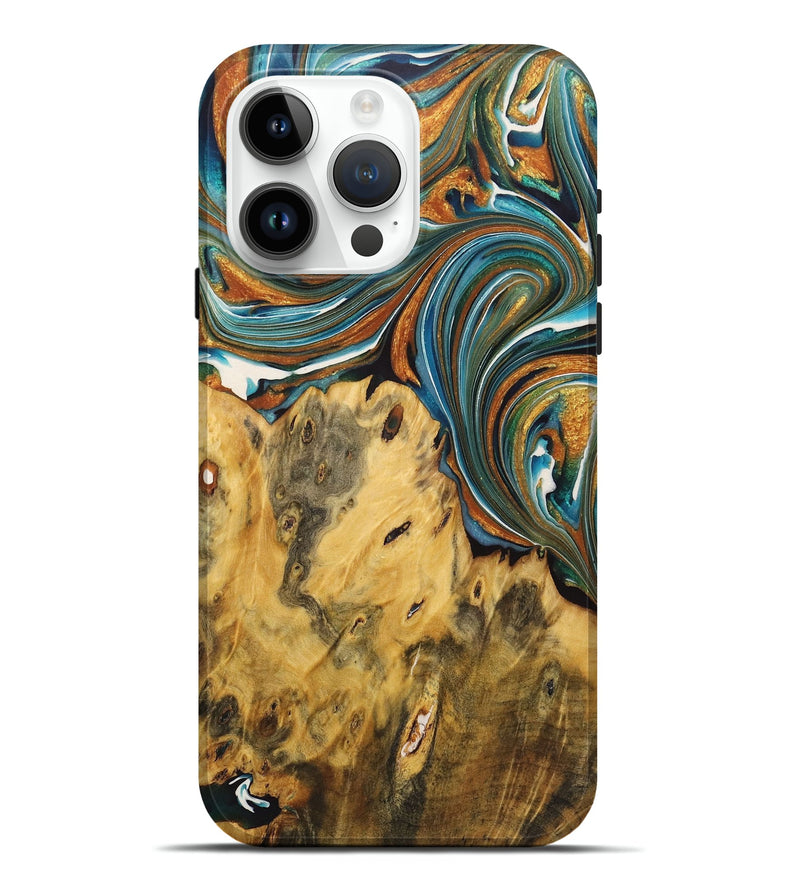 iPhone 15 Pro Max Wood+Resin Live Edge Phone Case - Sara (Teal & Gold, 722766)