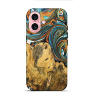 iPhone 16 Wood+Resin Live Edge Phone Case - Sara (Teal & Gold, 722766)