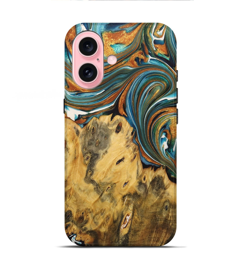 iPhone 16 Wood+Resin Live Edge Phone Case - Sara (Teal & Gold, 722766)