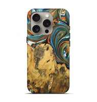 iPhone 16 Pro Wood+Resin Live Edge Phone Case - Sara (Teal & Gold, 722766)