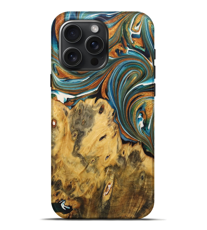 iPhone 16 Pro Max Wood+Resin Live Edge Phone Case - Sara (Teal & Gold, 722766)