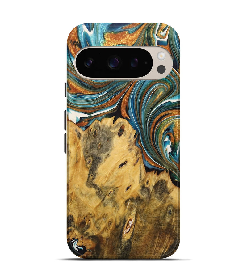 Pixel 9 Pro Wood+Resin Live Edge Phone Case - Sara (Teal & Gold, 722766)