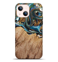 iPhone 14 Plus Wood+Resin Live Edge Phone Case - Jayden (Teal & Gold, 722767)