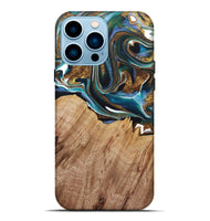 iPhone 14 Pro Max Wood+Resin Live Edge Phone Case - Jayden (Teal & Gold, 722767)