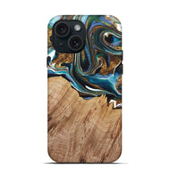 iPhone 15 Wood+Resin Live Edge Phone Case - Jayden (Teal & Gold, 722767)