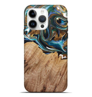 iPhone 15 Pro Max Wood+Resin Live Edge Phone Case - Jayden (Teal & Gold, 722767)