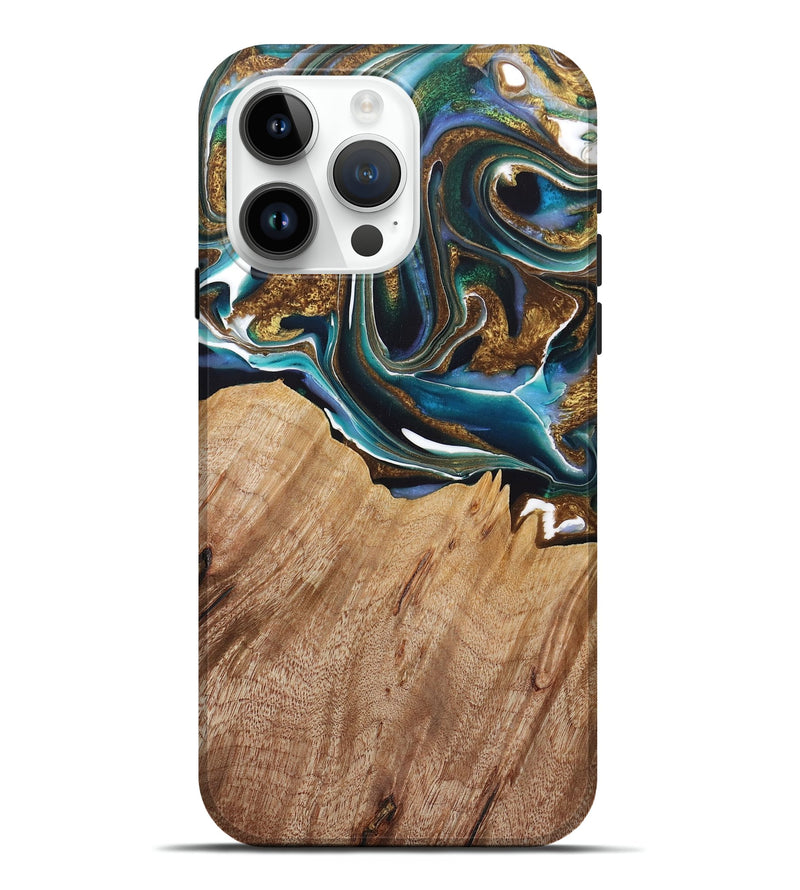 iPhone 15 Pro Max Wood+Resin Live Edge Phone Case - Jayden (Teal & Gold, 722767)