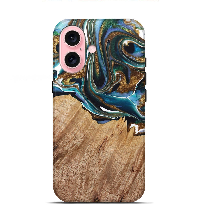 iPhone 16 Wood+Resin Live Edge Phone Case - Jayden (Teal & Gold, 722767)