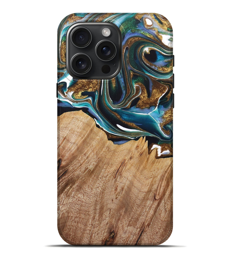 iPhone 16 Pro Max Wood+Resin Live Edge Phone Case - Jayden (Teal & Gold, 722767)