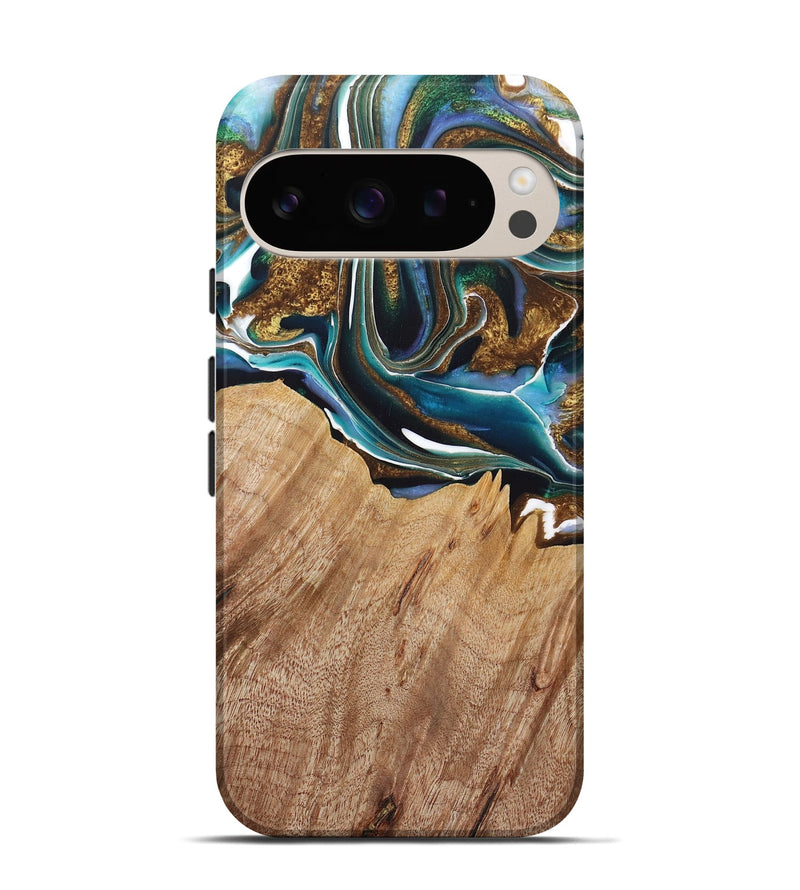 Pixel 9 Pro Wood+Resin Live Edge Phone Case - Jayden (Teal & Gold, 722767)