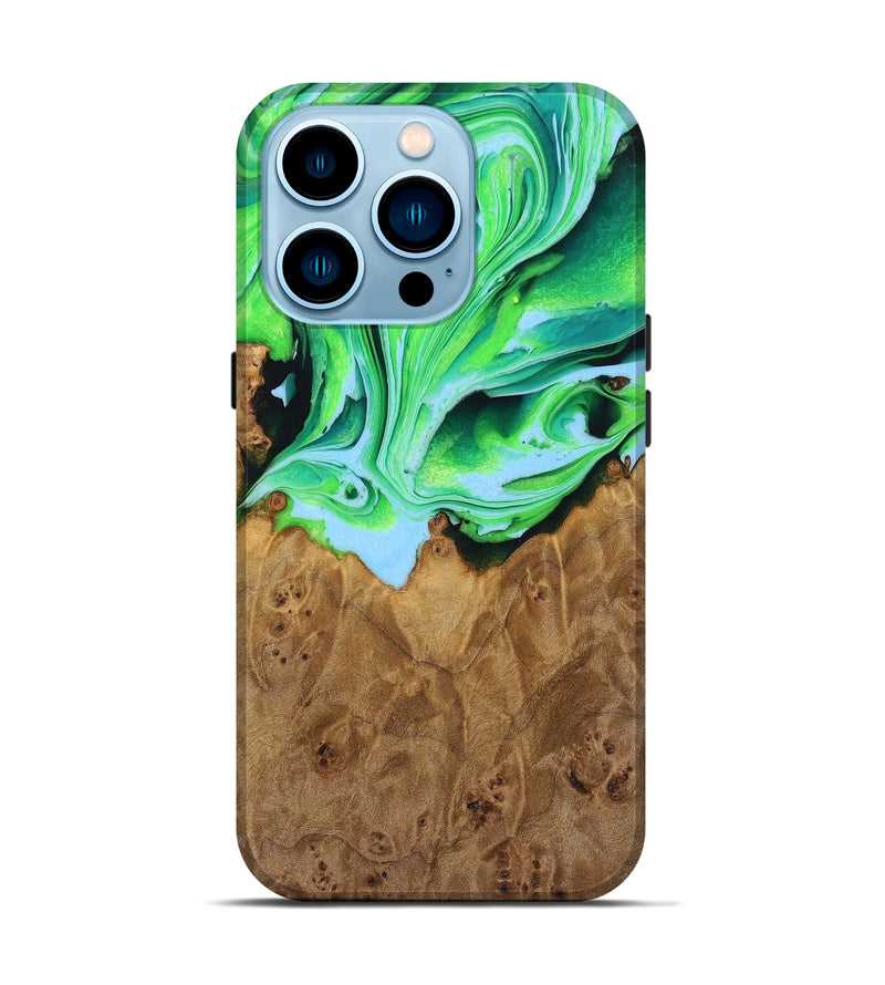 iPhone 14 Pro Wood+Resin Live Edge Phone Case - Haylee (Green, 722786)