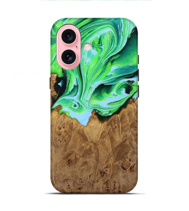 iPhone 16 Wood+Resin Live Edge Phone Case - Haylee (Green, 722786)