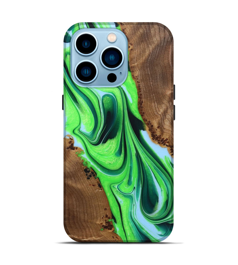 iPhone 14 Pro Wood+Resin Live Edge Phone Case - Eduardo (Green, 722788)