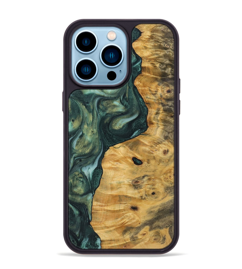 iPhone 14 Pro Max Wood+Resin Phone Case - Celia (Green, 723132)