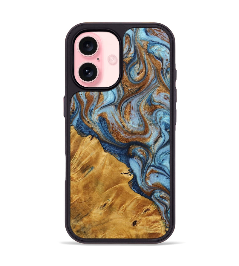 iPhone 16 Wood+Resin Phone Case - Saul (Teal & Gold, 723209)