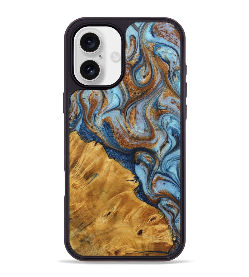 iPhone 16 Plus Wood+Resin Phone Case - Saul (Teal & Gold, 723209)