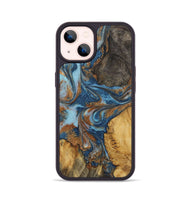 iPhone 14 Wood+Resin Phone Case - Milani (Teal & Gold, 723211)