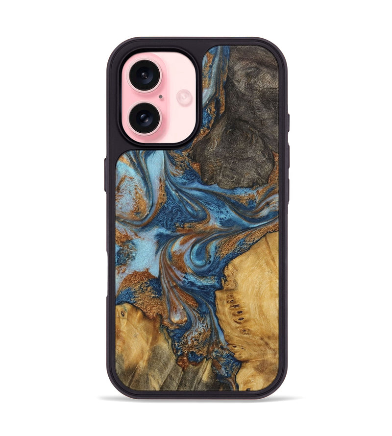 iPhone 16 Wood+Resin Phone Case - Milani (Teal & Gold, 723211)