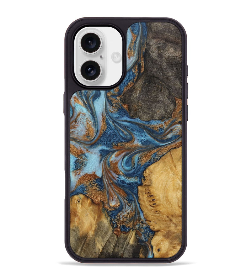 iPhone 16 Plus Wood+Resin Phone Case - Milani (Teal & Gold, 723211)