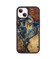 iPhone 14 Wood+Resin Phone Case - Nicolette (Teal & Gold, 723213)