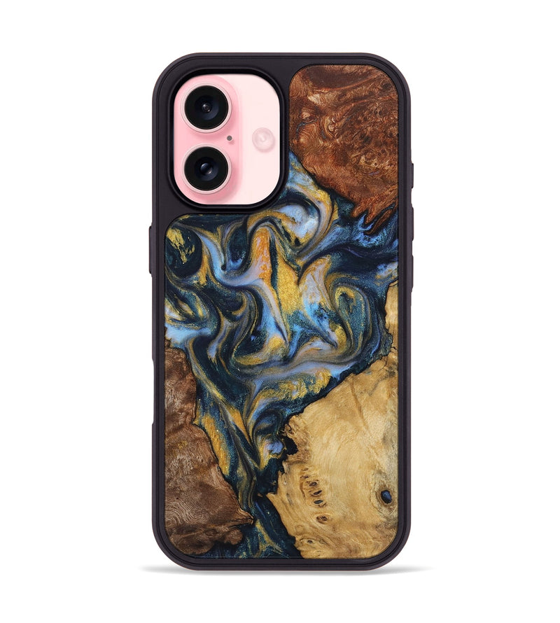 iPhone 16 Wood+Resin Phone Case - Nicolette (Teal & Gold, 723213)