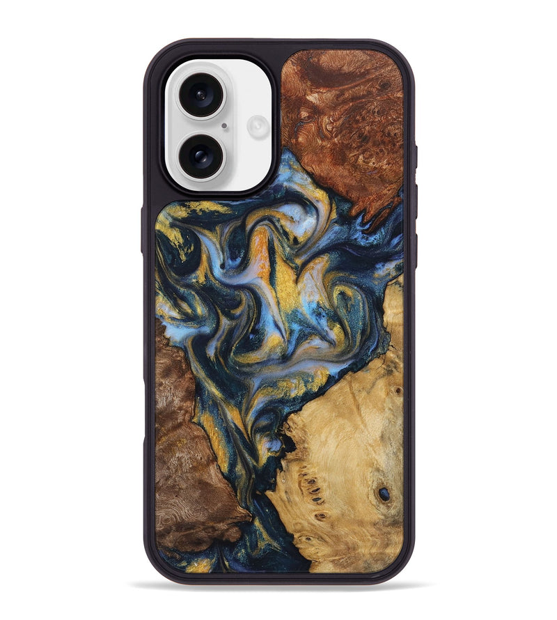 iPhone 16 Plus Wood+Resin Phone Case - Nicolette (Teal & Gold, 723213)