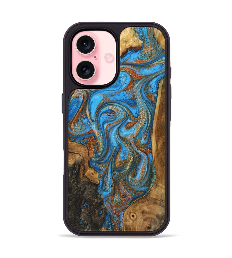 iPhone 16 Wood+Resin Phone Case - Marely (Teal & Gold, 723214)