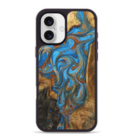 iPhone 16 Plus Wood+Resin Phone Case - Marely (Teal & Gold, 723214)