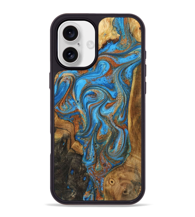 iPhone 16 Plus Wood+Resin Phone Case - Marely (Teal & Gold, 723214)