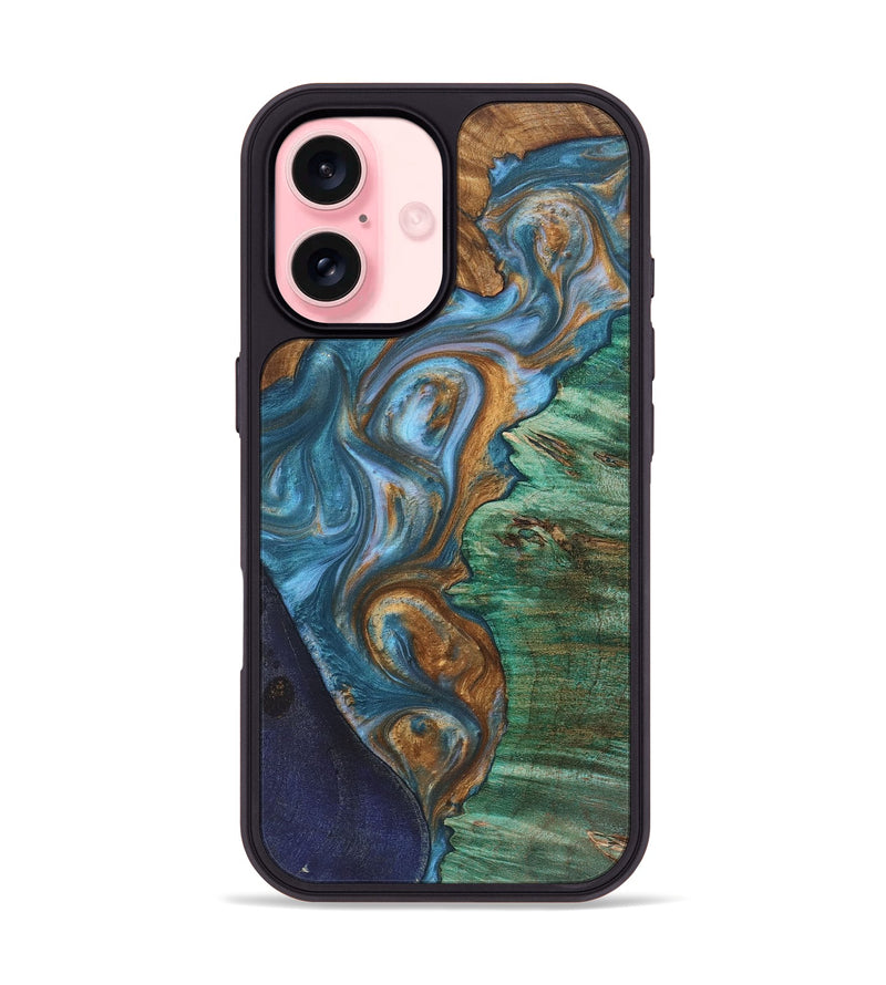 iPhone 16 Wood+Resin Phone Case - Audrey (Teal & Gold, 723215)