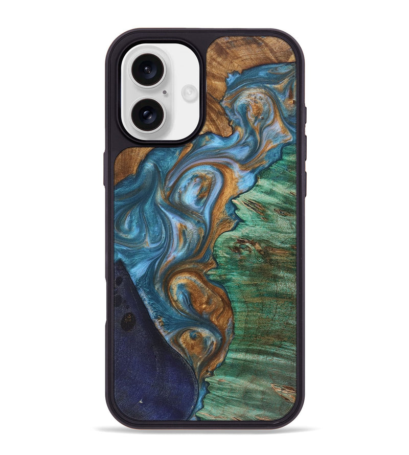 iPhone 16 Plus Wood+Resin Phone Case - Audrey (Teal & Gold, 723215)