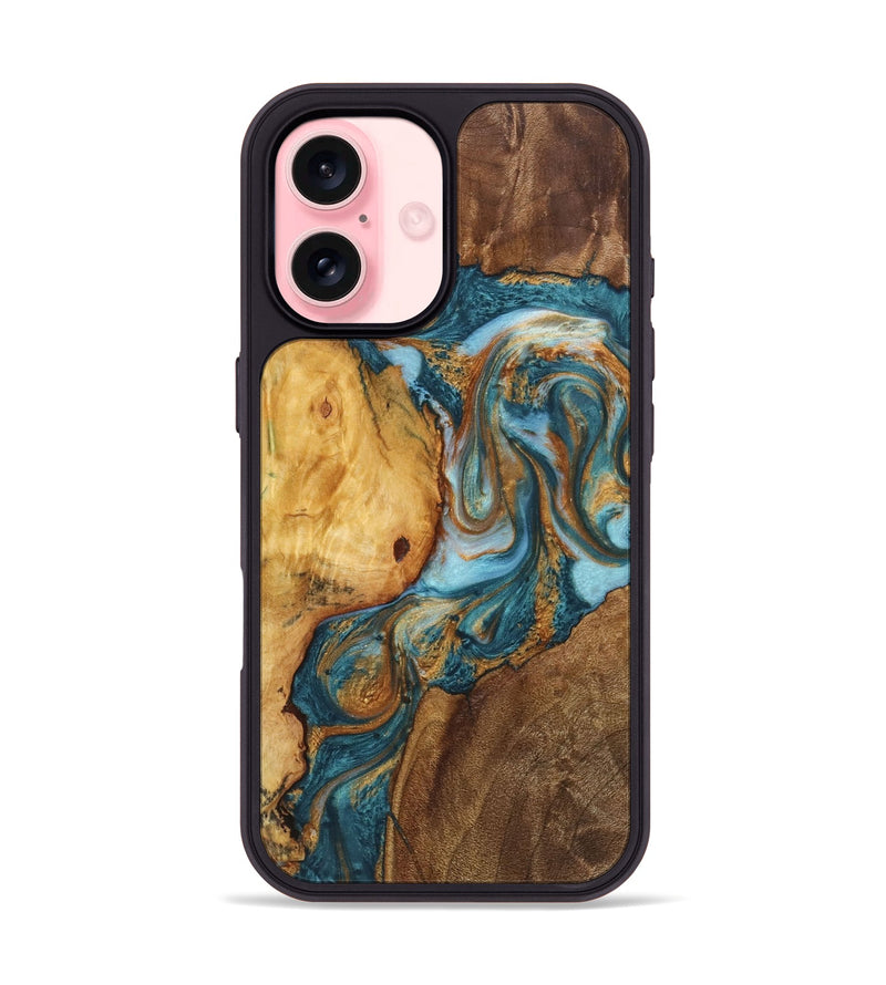 iPhone 16 Wood+Resin Phone Case - Jessie (Teal & Gold, 723218)