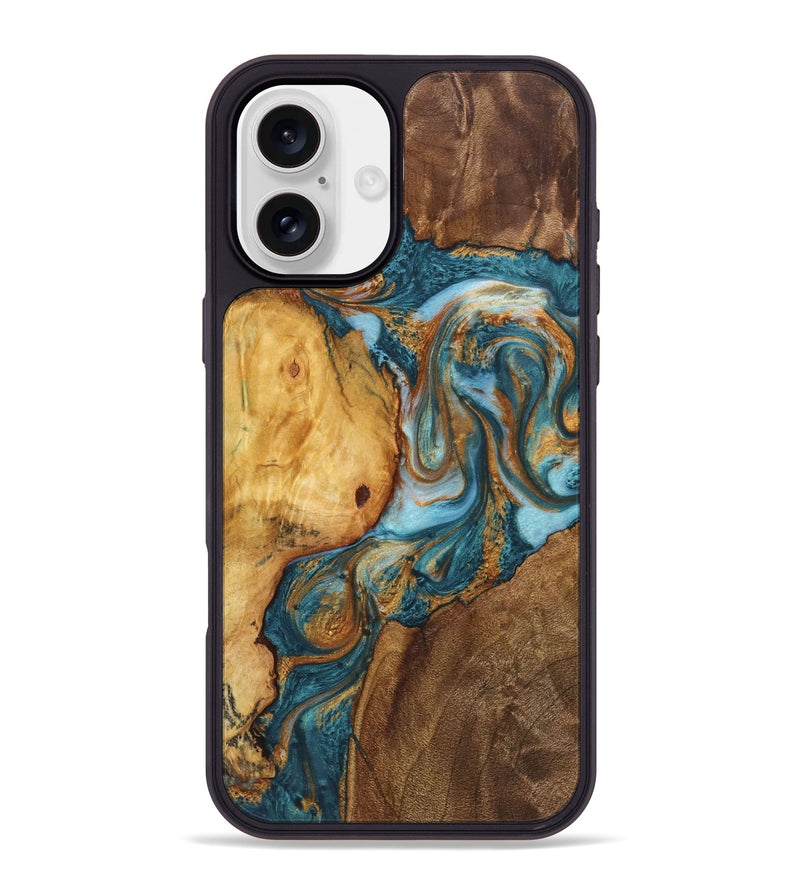 iPhone 16 Plus Wood+Resin Phone Case - Jessie (Teal & Gold, 723218)