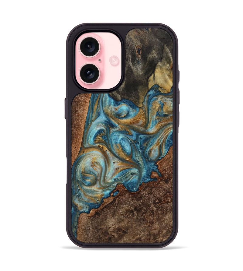 iPhone 16 Wood+Resin Phone Case - Gideon (Teal & Gold, 723219)