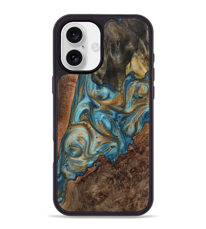 iPhone 16 Plus Wood+Resin Phone Case - Gideon (Teal & Gold, 723219)