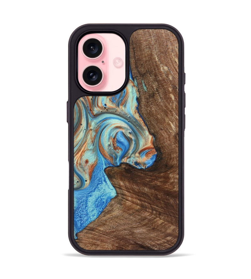 iPhone 16 Wood+Resin Phone Case - Traci (Teal & Gold, 723223)