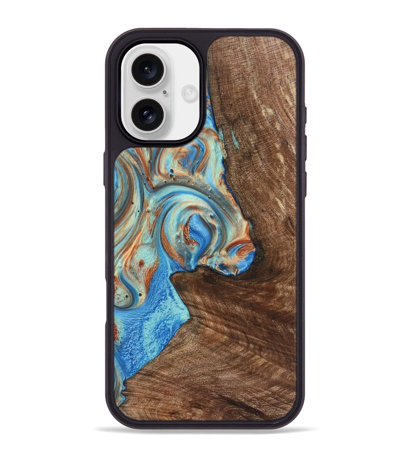 iPhone 16 Plus Wood+Resin Phone Case - Traci (Teal & Gold, 723223)