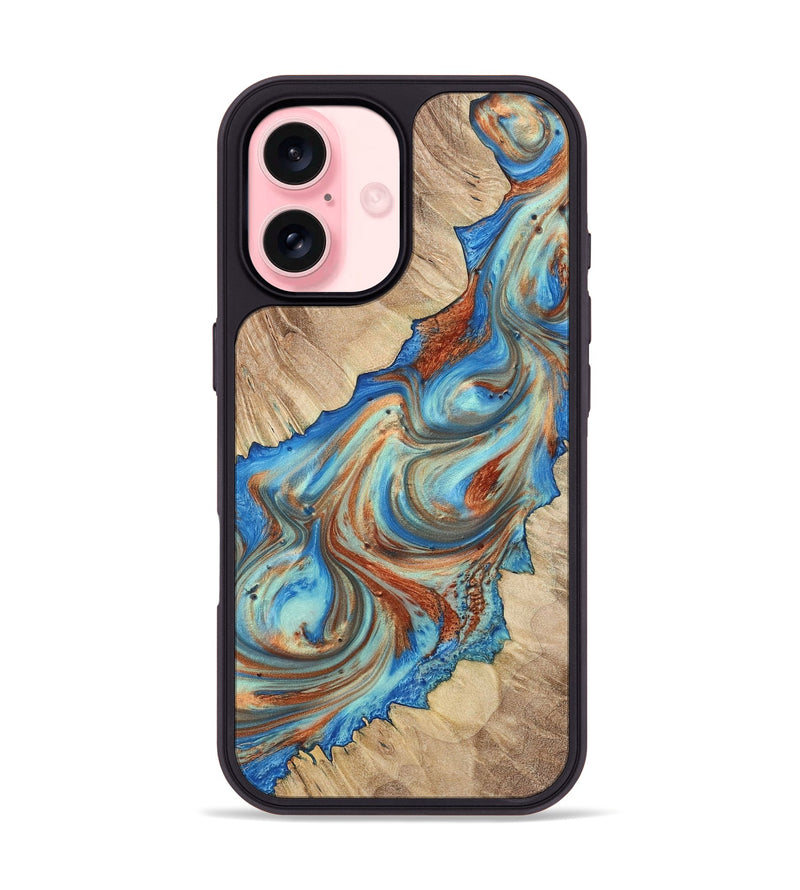 iPhone 16 Wood+Resin Phone Case - Addisyn (Teal & Gold, 723224)