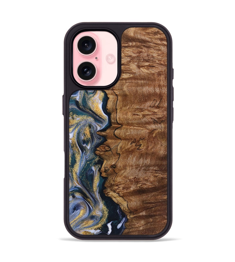 iPhone 16 Wood+Resin Phone Case - Rachelle (Teal & Gold, 723227)