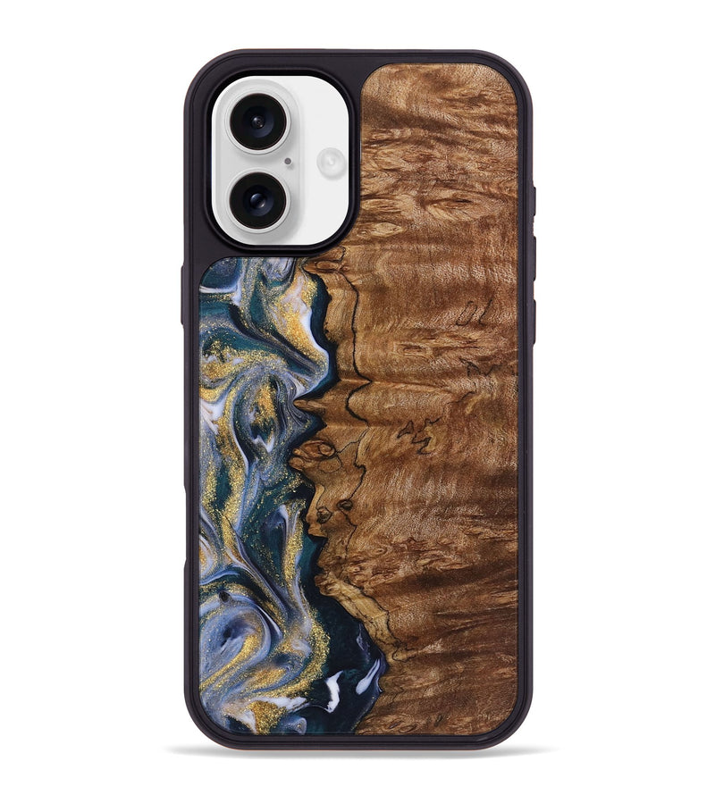 iPhone 16 Plus Wood+Resin Phone Case - Rachelle (Teal & Gold, 723227)