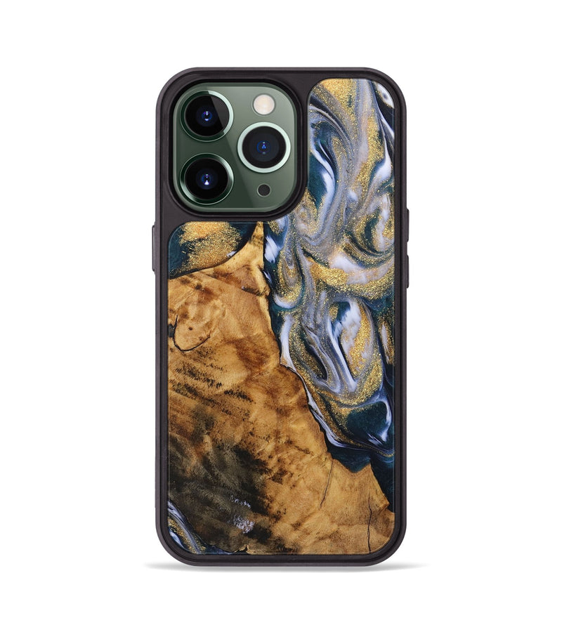 iPhone 13 Pro Wood+Resin Phone Case - Alvin (Teal & Gold, 723230)